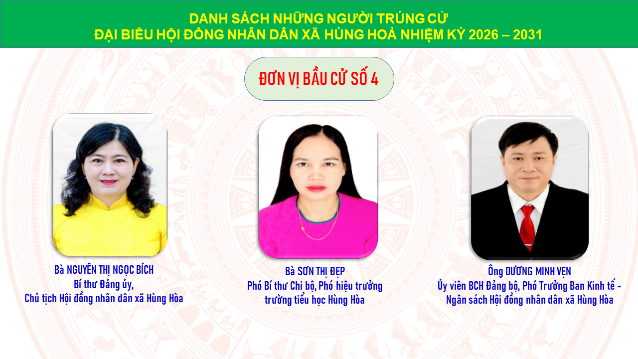 Danh sách những người trúng cử đại biểu Hội đồng nhân dân xã Hùng Hòa khóa II, nhiệm kỳ 2026 - 2031 (Theo Nghị quyết số 54/NQ-UBBC, ngày 19/3/2026 của Ủy ban bầu cử xã Hùng Hòa)